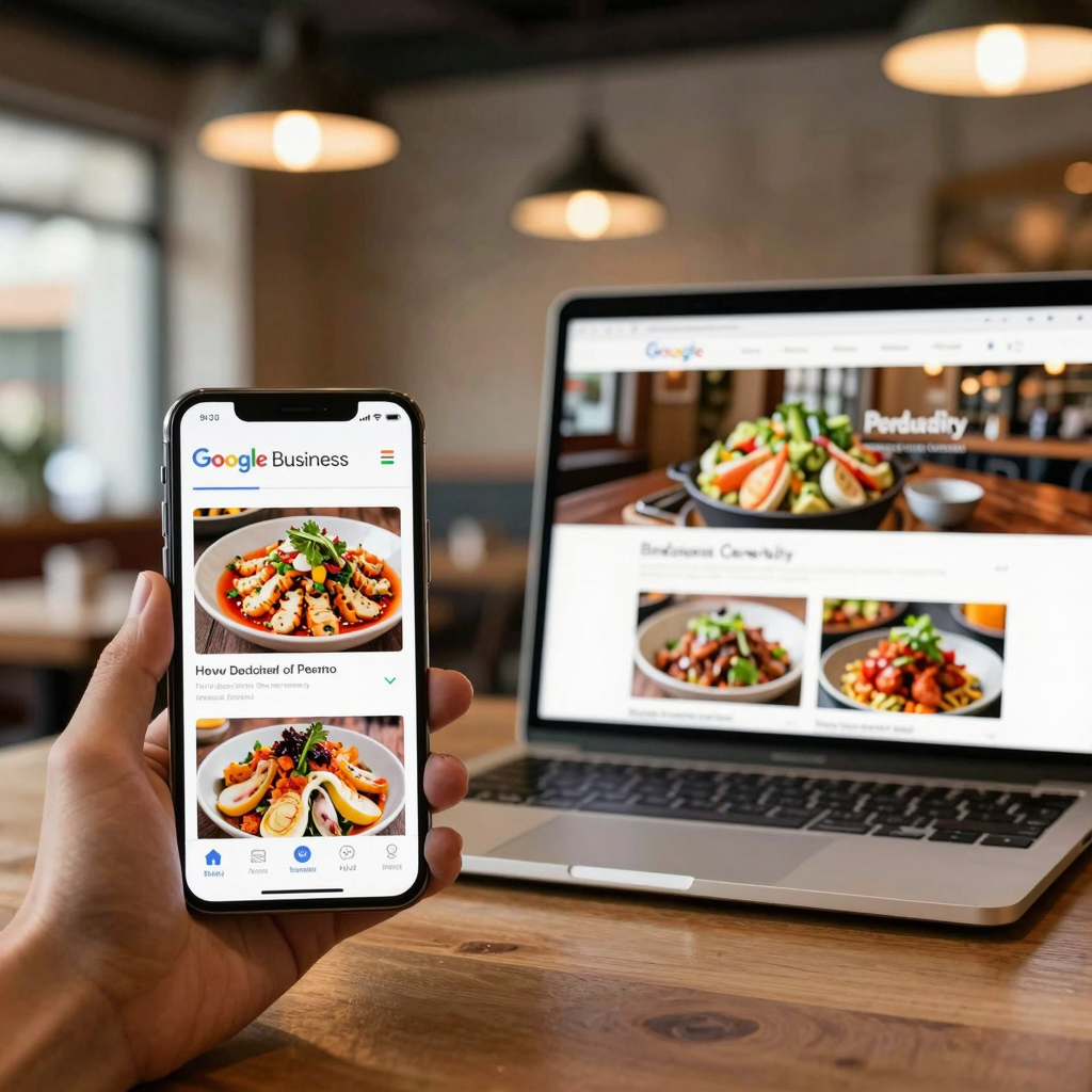 Restaurant marketing display showing Google Business Profile, website, and food photography in a warm restaurant setting