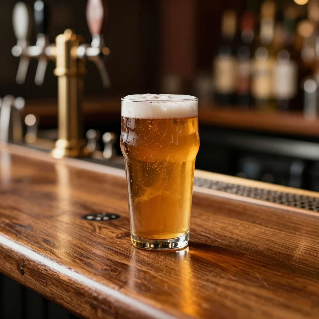 Polished wooden draft bar counter with a poured amber ale in a pint glass, warm lighting, condensation, and bokeh background