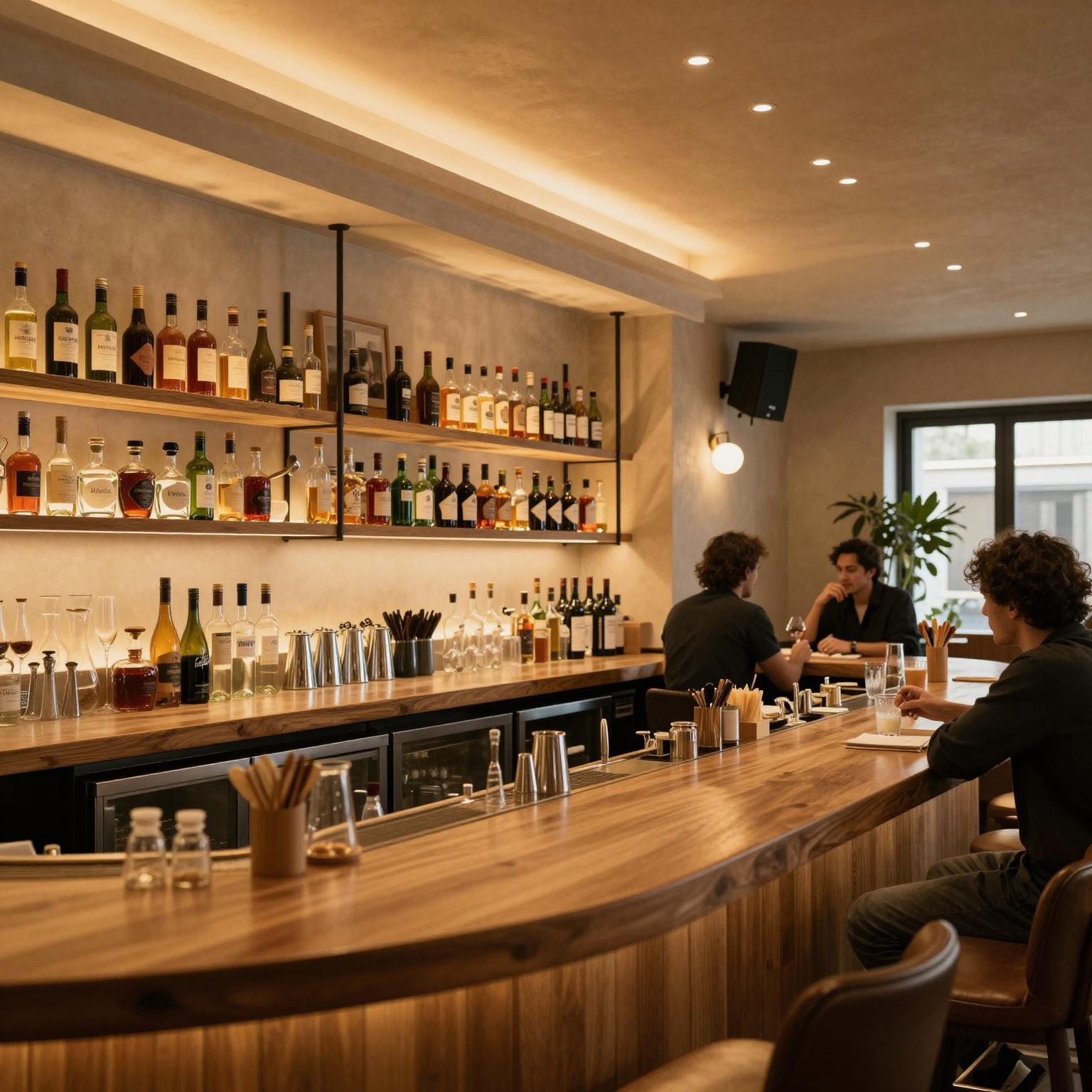 A well-lit bar interior with warm ambiance and clean counters