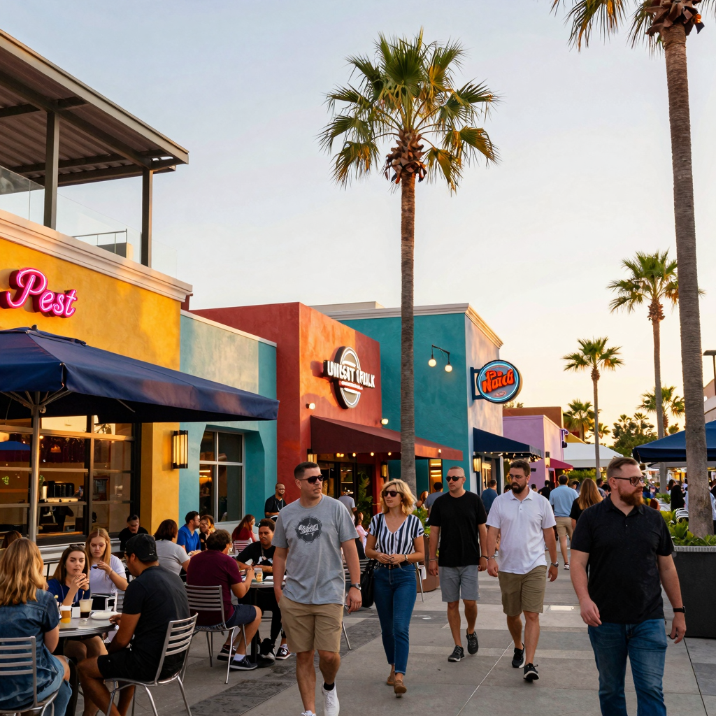 Universal CityWalk outdoor dining plaza at golden hour with vibrant crowds