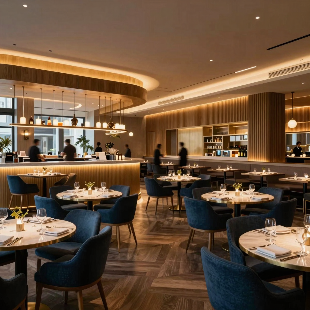 Upscale entertainment venue restaurant interior with warm ambient lighting and stylish bar area