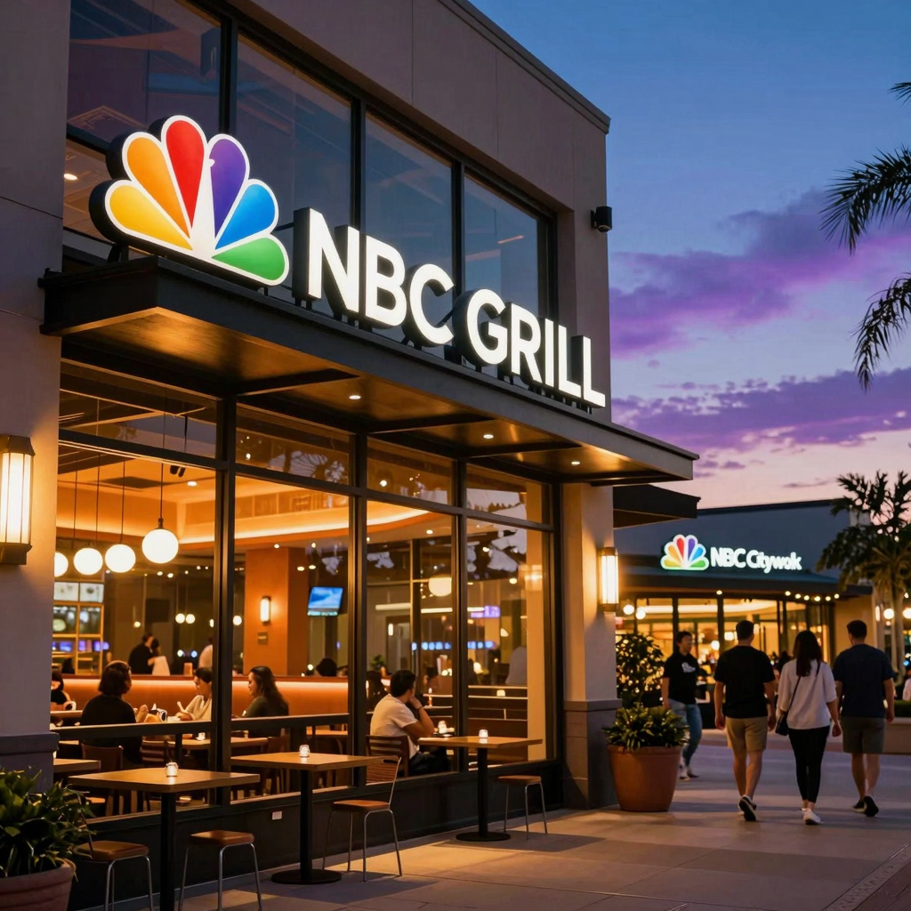 NBC Grill CityWalk exterior at twilight with warm lighting and Universal CityWalk signage