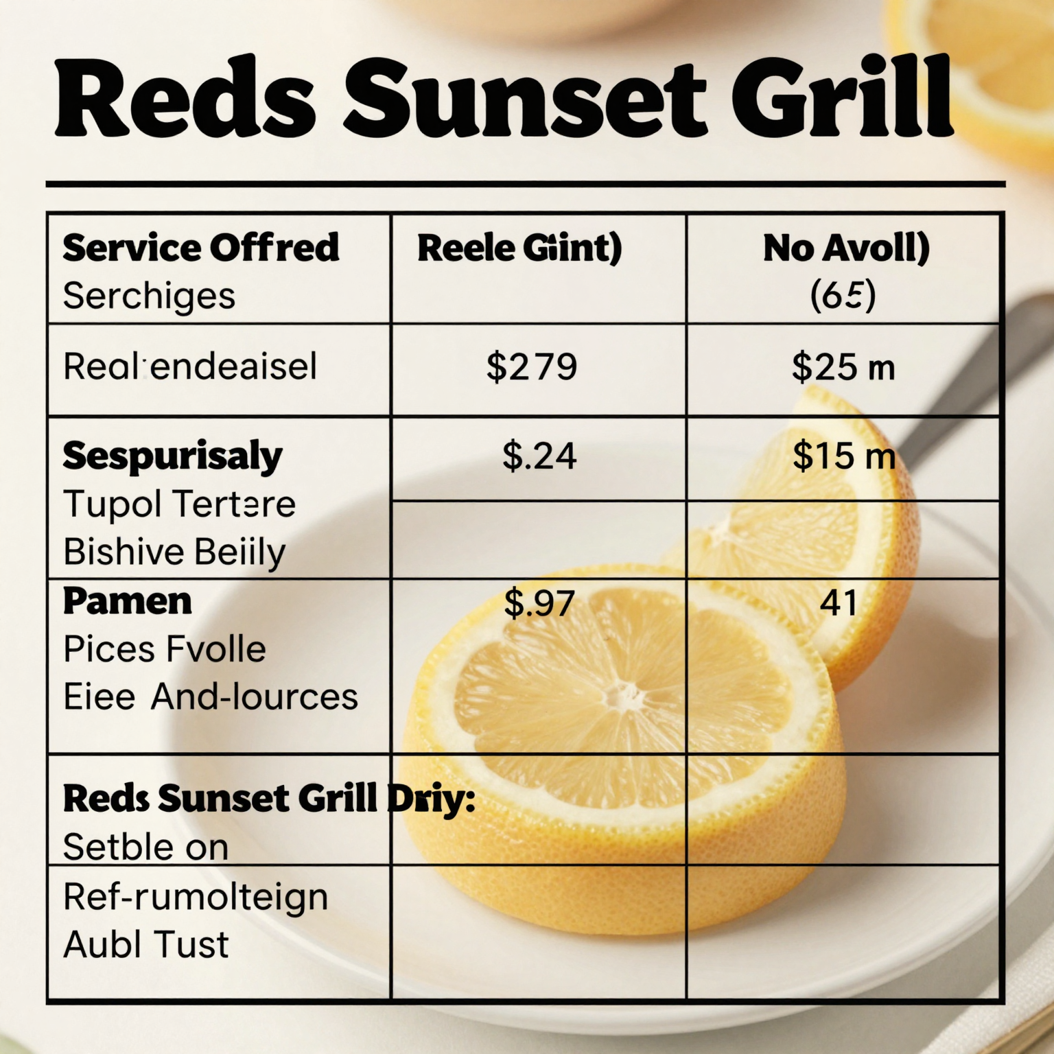 Reds Sunset Grill Comparison Table