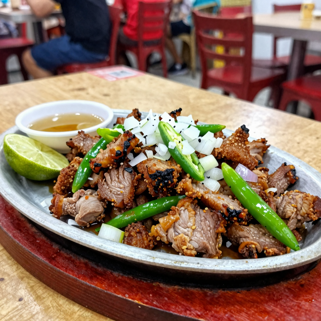 A beautifully presented plate of Gerry's Grill sisig. Crispy pork, sizzling platter, garnished with onions, green chilies, lime, and vinegar.
