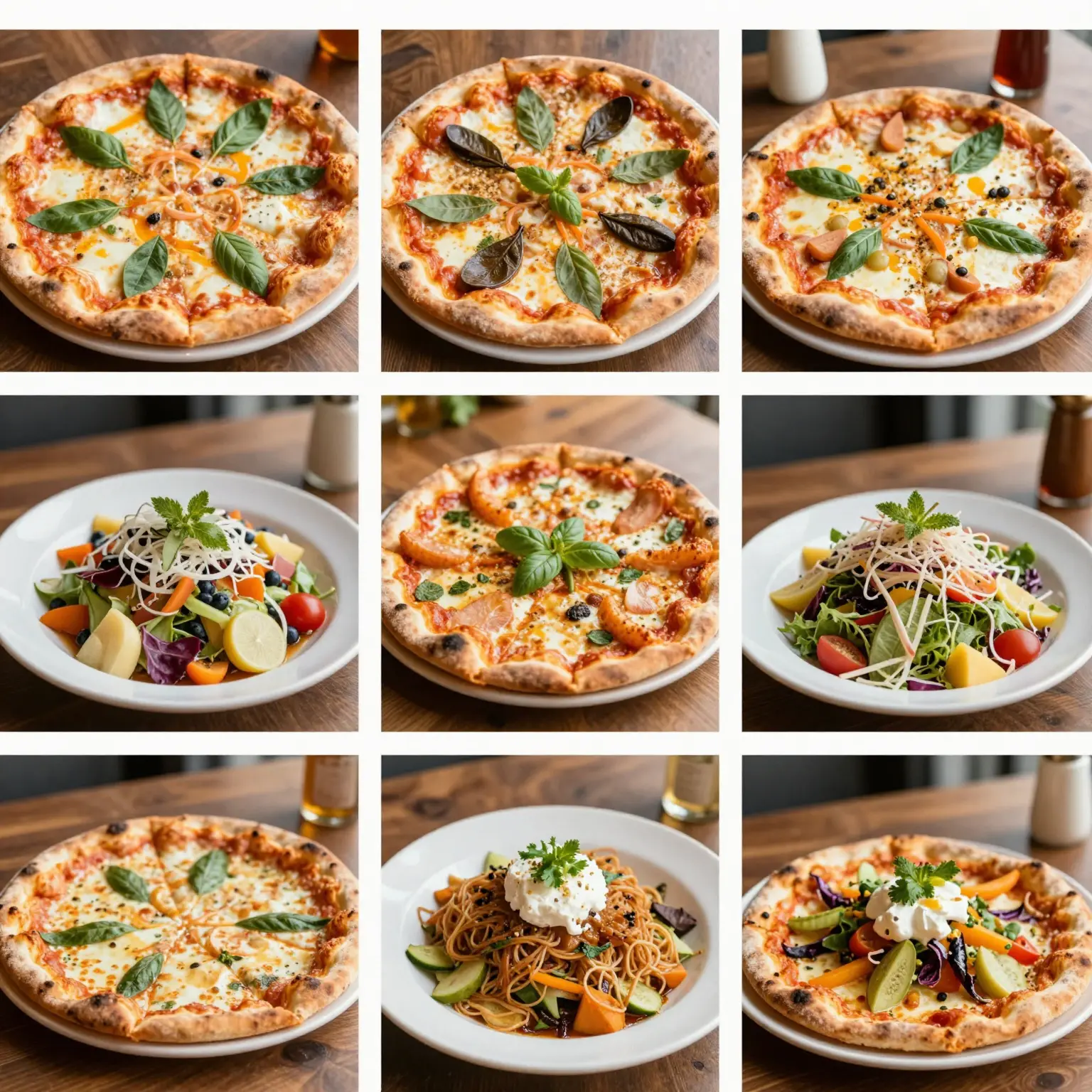 A visually appealing collage showcasing various unique dishes from Grotto Grill Flint Hill, featuring vibrant colors and local ingredients, highlighting specialty pizzas, salads, and gluten-free options, set in a cozy dining environment.