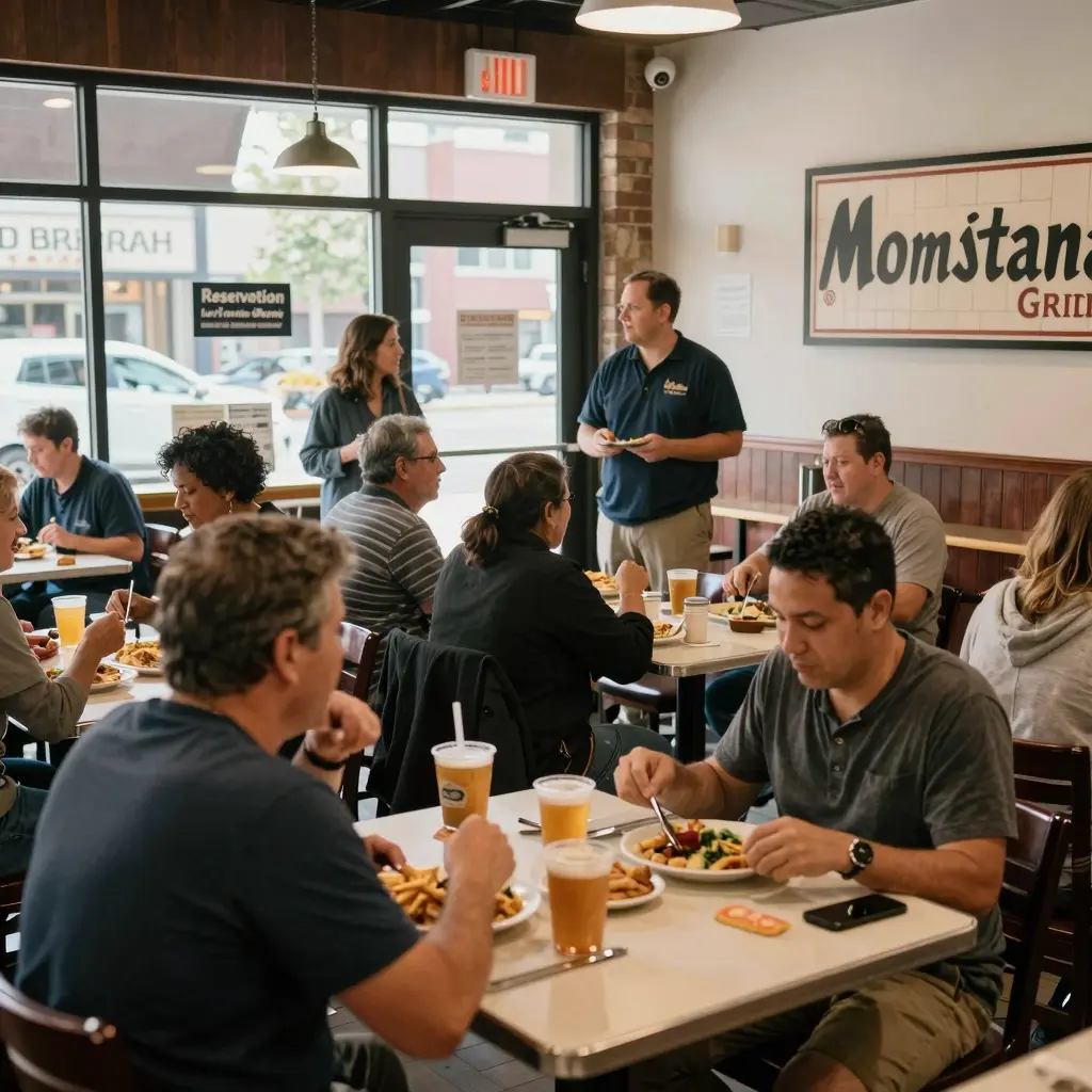 A busy restaurant scene at Ted's Montana Grill, showcasing the bustling atmosphere.