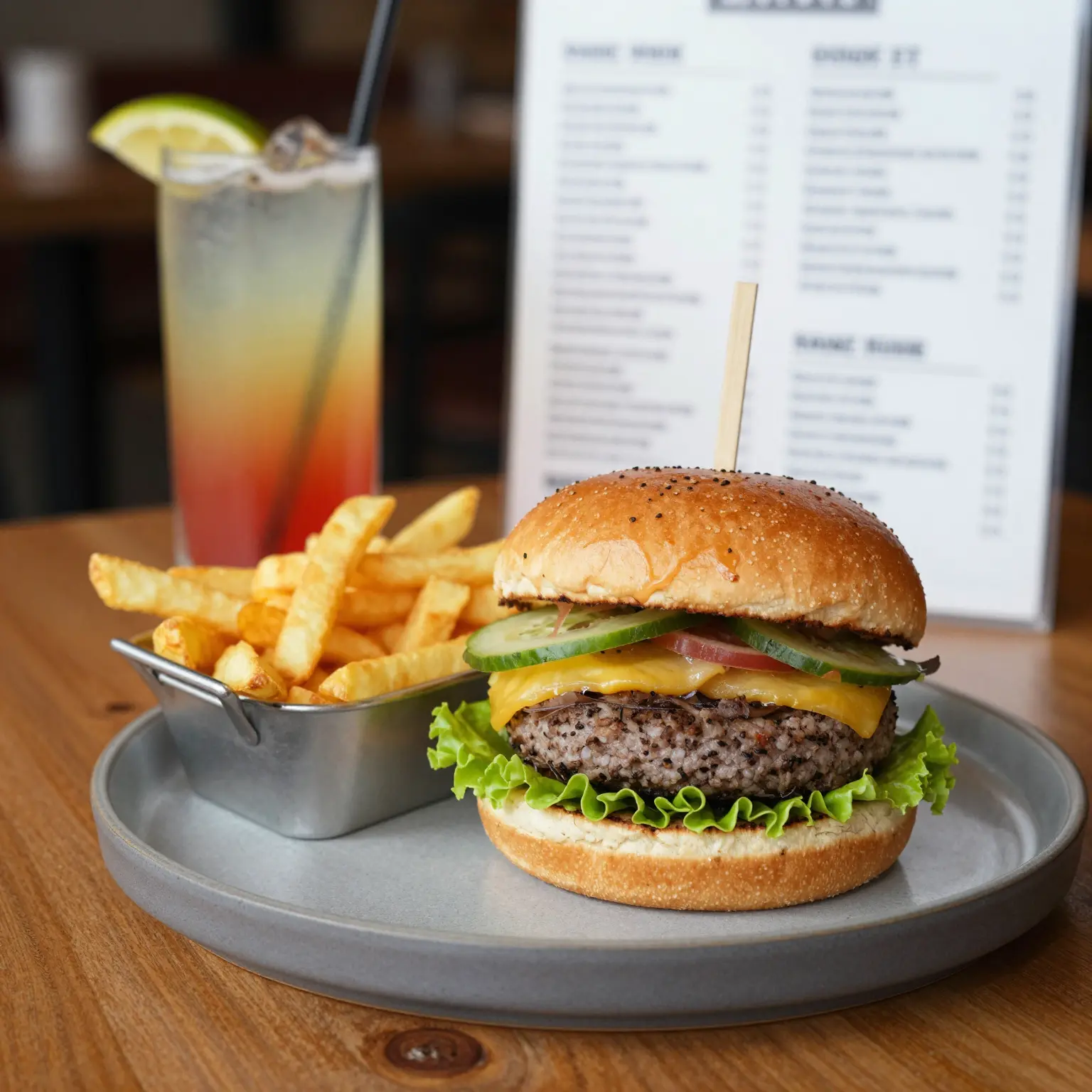 Gourmet burger, fries, and a cocktail from Heisman Court Grill