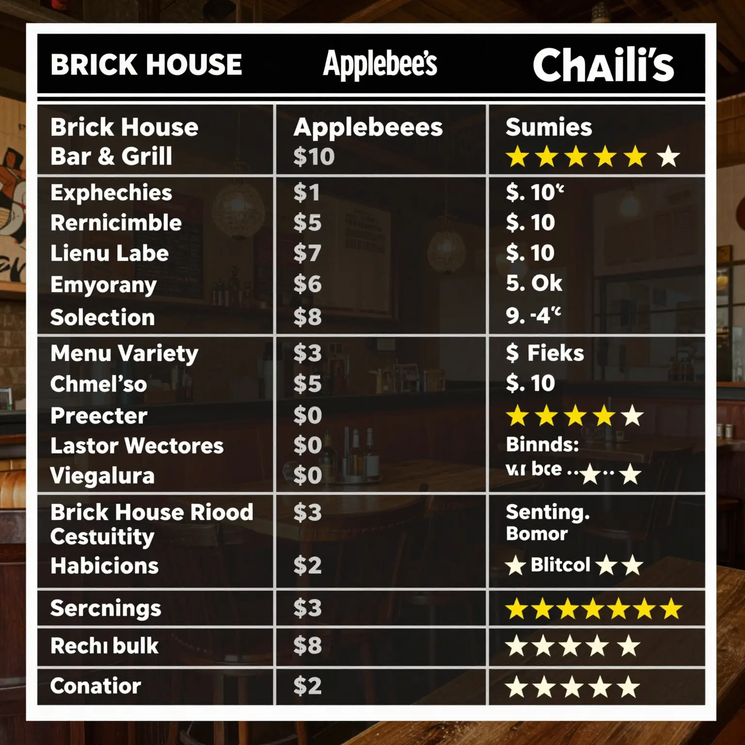 Comparative Table of Bar & Grill Establishments