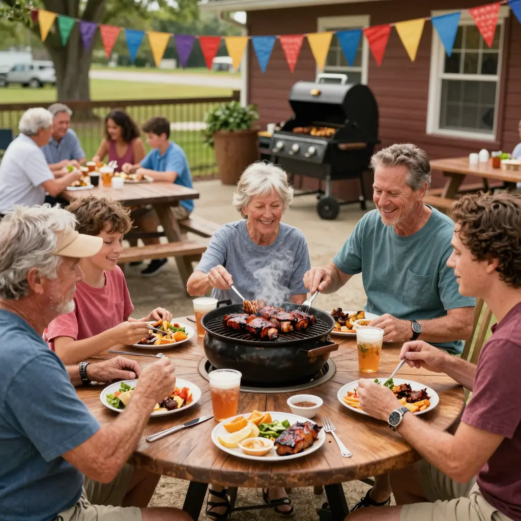 A lively BBQ setting depicting a warm environment with families and friends gathered around a grill, enjoying delicious BBQ food.