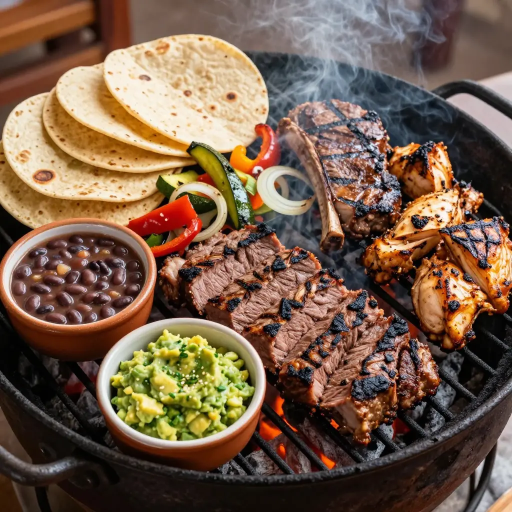 Charcoal-grilled arrachera, ribeye, chicken, and vegetables served on a platter with tortillas, guacamole, and charro beans