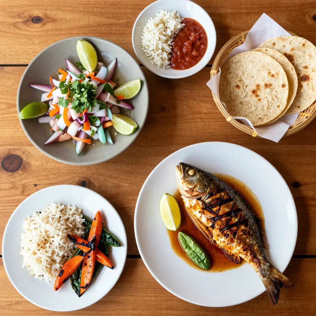 A balanced El Grill San José del Cabo order with a cold seafood starter, a grilled seafood main, and two sides