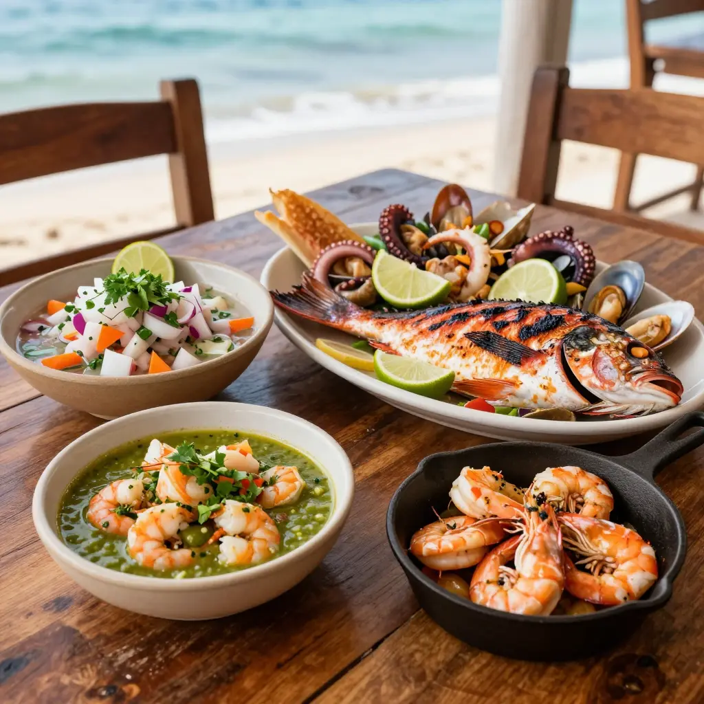 Coastal Mexican seafood spread with ceviche, aguachile, grilled snapper, and garlic shrimp at El Grill San José del Cabo