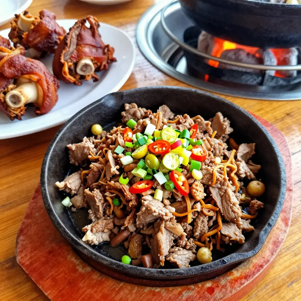 Sizzling Filipino sisig and crispy pata served beside a glowing charcoal grill