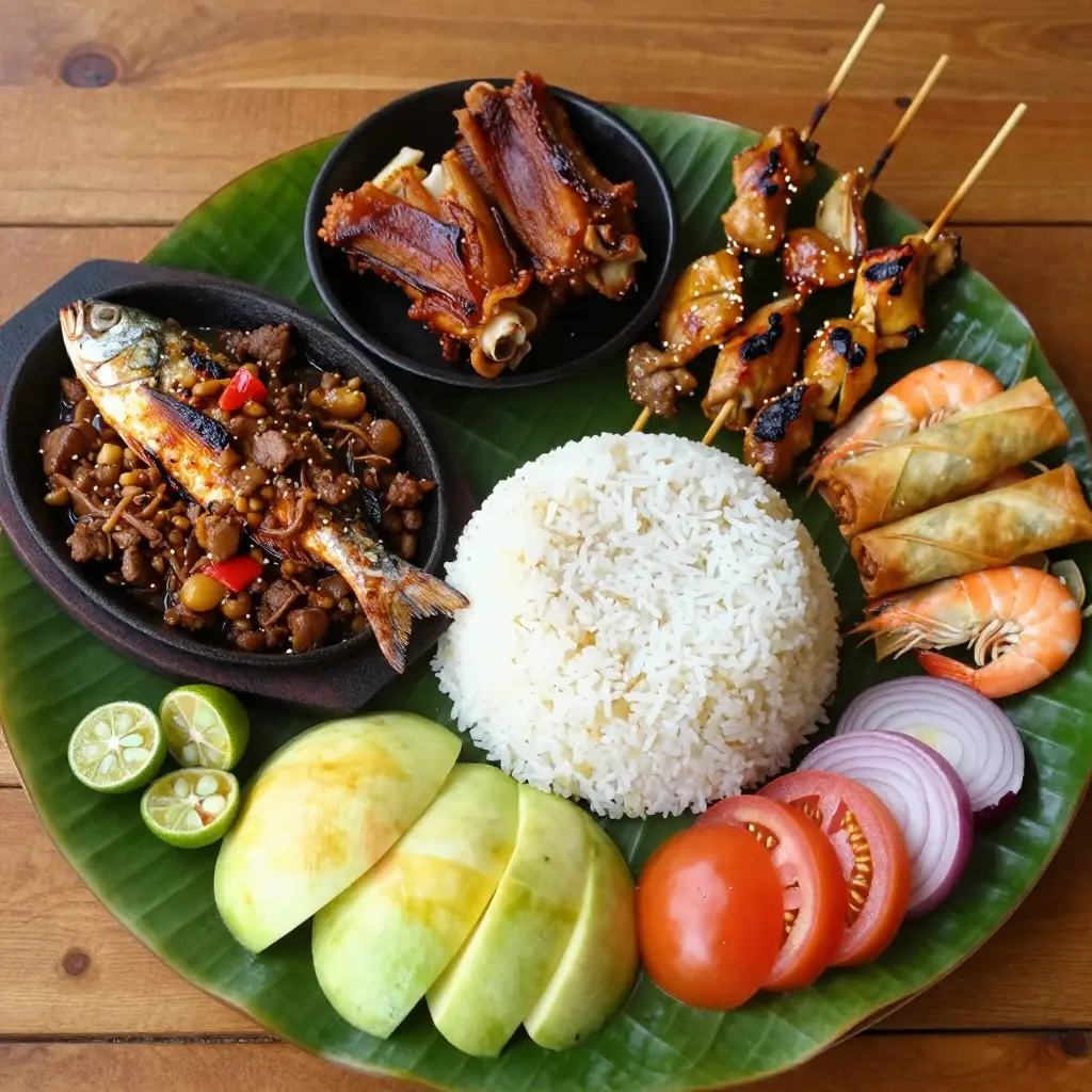 Filipino kamayan feast spread on banana leaves with grilled fish, sisig, crispy pata and rice