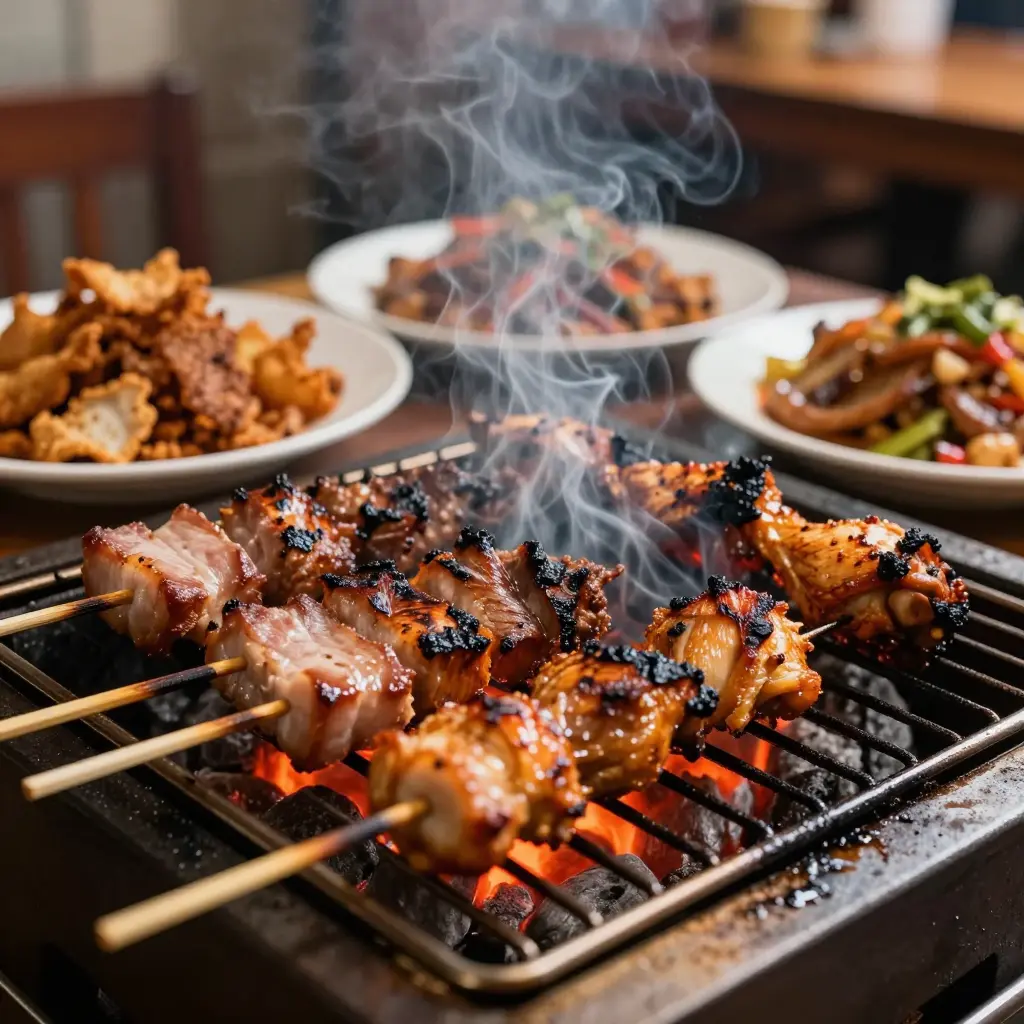 Charcoal grill with glowing embers and char marks grilling Filipino skewers, wrapped in smoke beside sharing plates of crispy fried pork and sizzling sisig