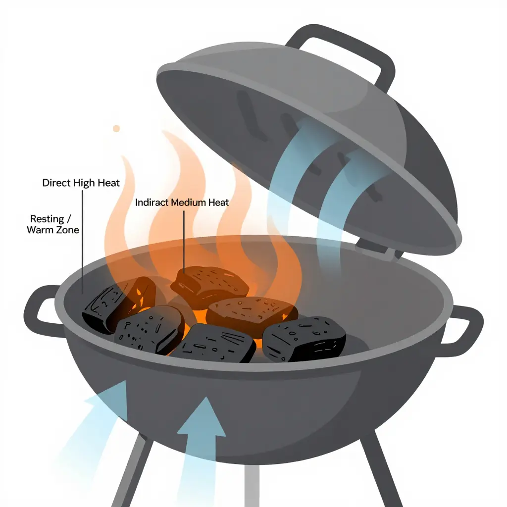 Flat 2D cutaway diagram of a charcoal grill showing a glowing charcoal bed, direct high heat, indirect medium heat and a resting/warm zone, with airflow arrows moving through the bottom and lid vents