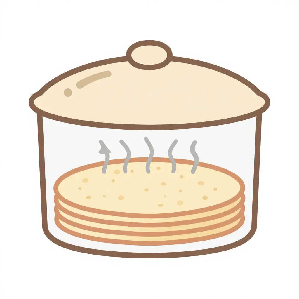 Cross-section schematic showing how a tortilla warmer traps warm air around a stack of tortillas beneath a lid