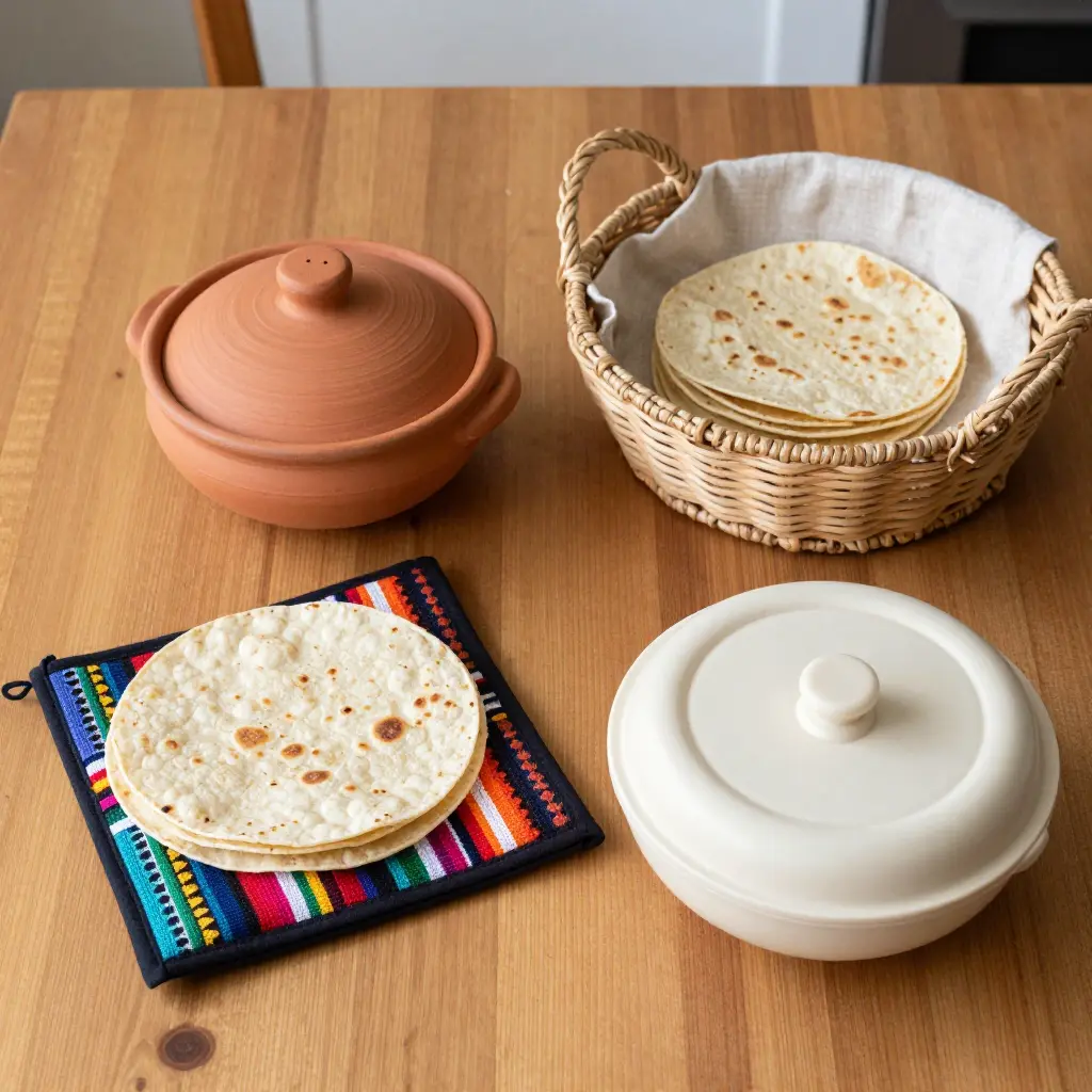 Four types of tortilla warmers, from clay and fabric to insulated plastic and basket-style, on a wooden kitchen table