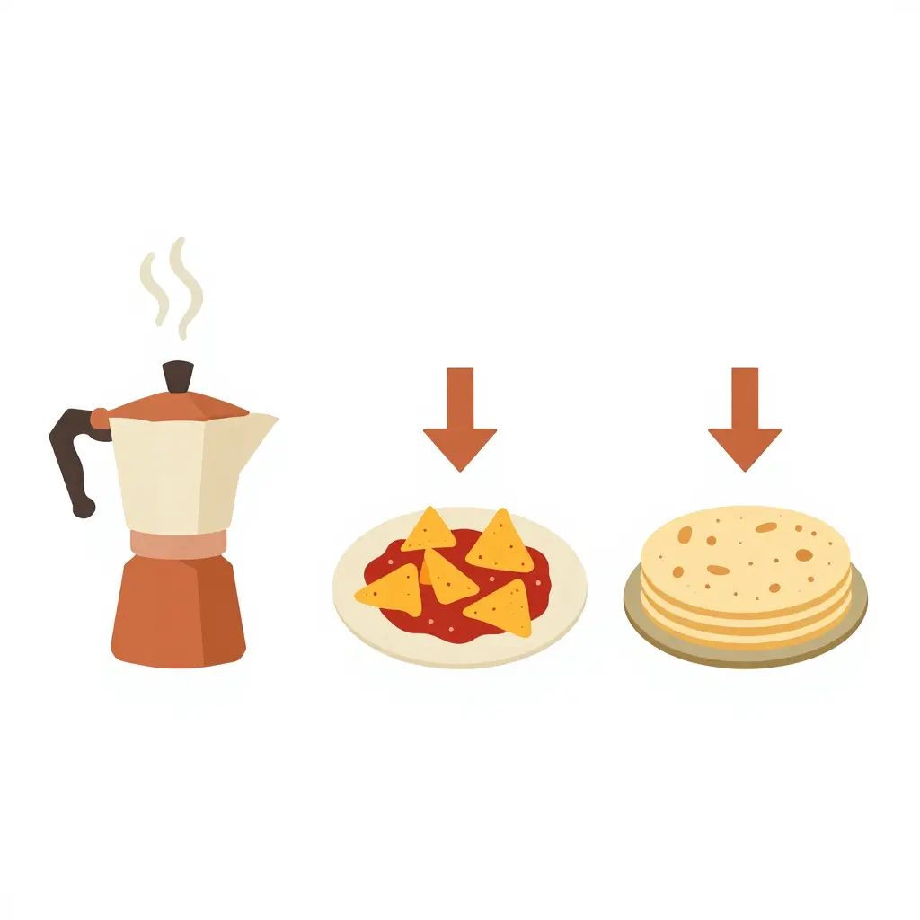 Simple flat diagram showing the three-step flow of a traditional Mexican breakfast: coffee brewing, chilaquiles plated, and tortillas warmed and served, connected by directional arrows.