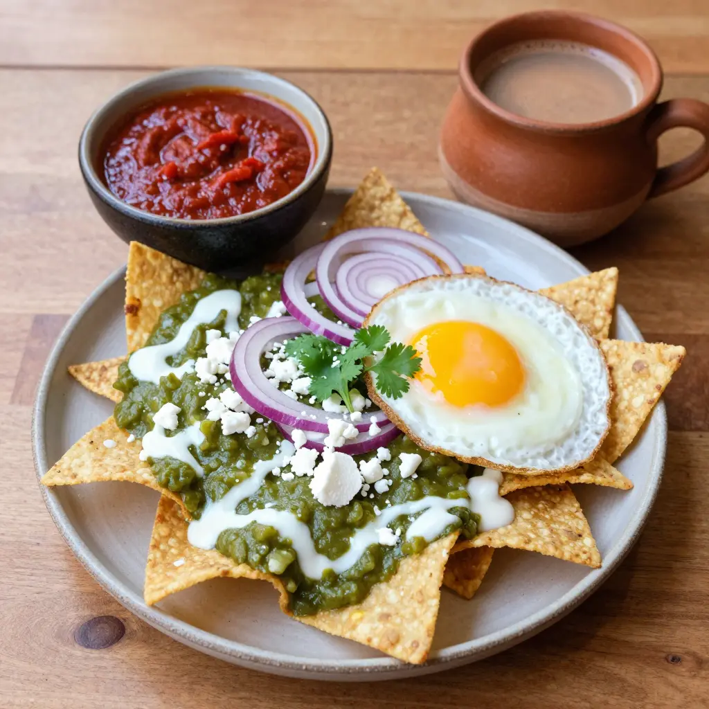 Plate of chilaquiles verdes with crema, queso fresco and a fried egg alongside chilaquiles rojos and cafe de olla