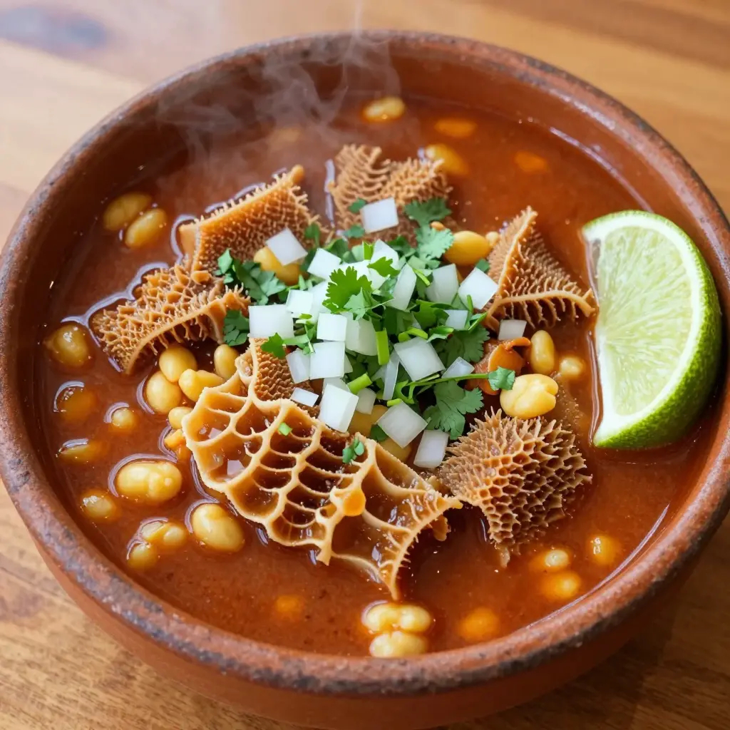 Steaming bowl of El Canelo menudo showing honeycomb tripe texture with hominy, onion, cilantro, and lime