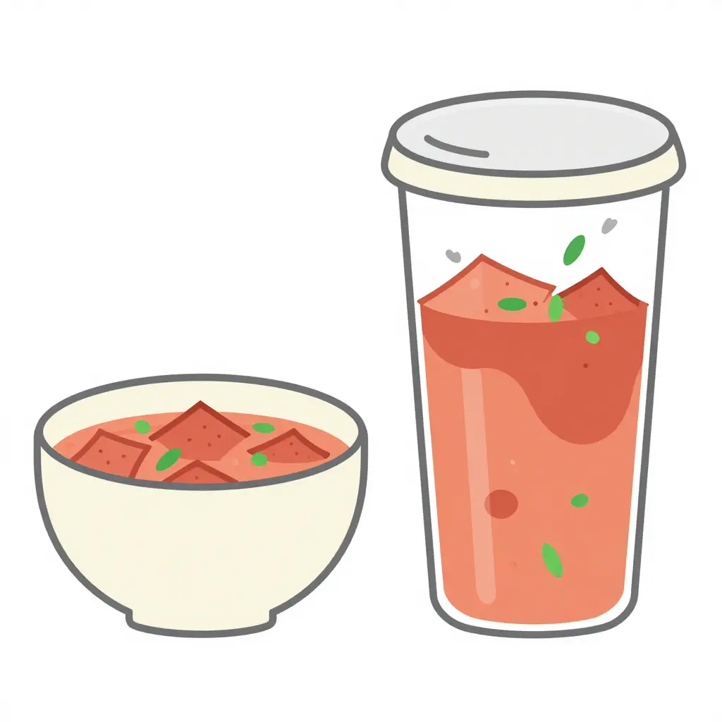 Minimalist cross-section diagram comparing a wide open dine-in menudo bowl with a tall sealed travel container, showing broth levels, tripe and garnish placement, and where leaks and separation occur.