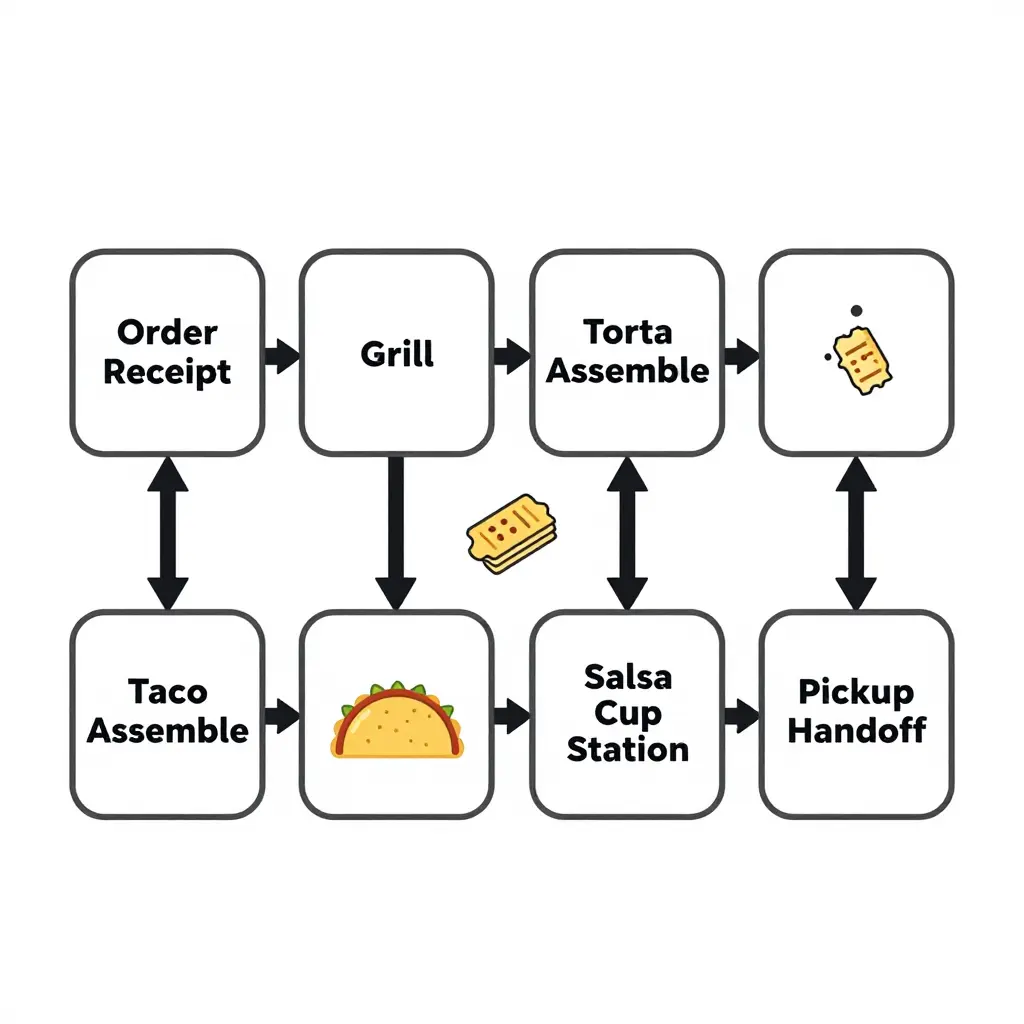 Two-dimensional schematic process diagram showing an online pickup ticket flowing through the kitchen from order receipt to grill, torta assembly, taco assembly, salsa cup station, and pickup handoff, with stacked ticket icons marking where orders accumulate.