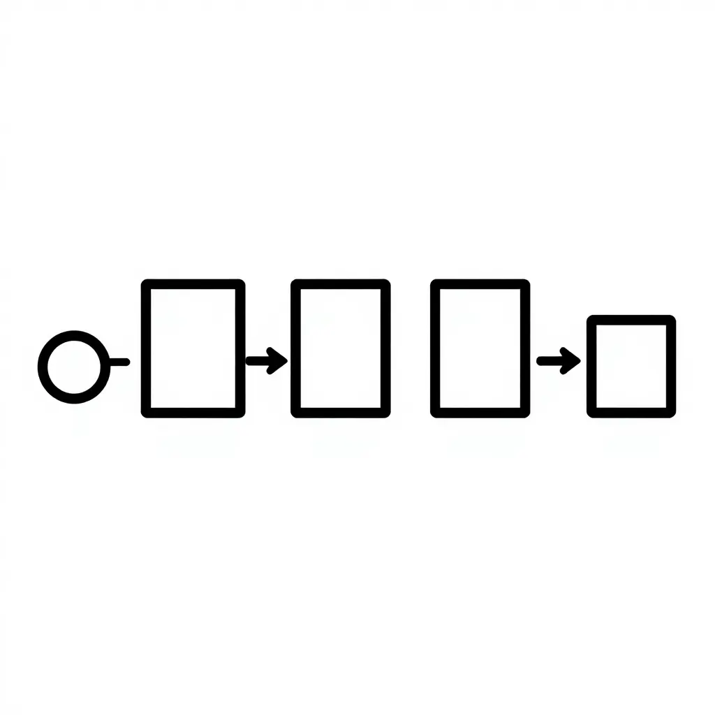 Minimal 2D schematic of a restaurant kitchen during lunch rush, showing a three-station cooking line, a small phone order station on one side, and an expo/pass square at the end, connected by directional arrows that trace ticket flow from the phone station into the line, from the line stations to the expo, and from the expo outward to the pickup counter.