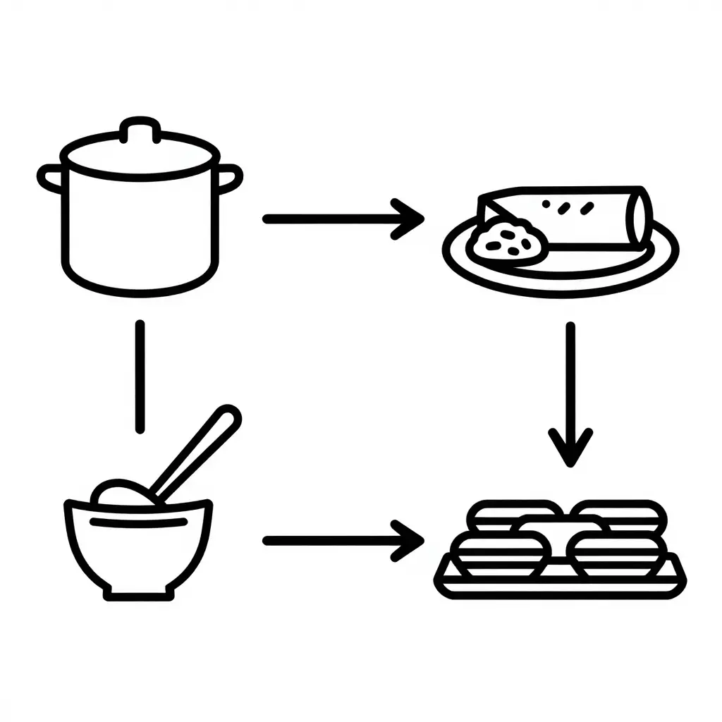 Simple two-dimensional schematic diagram showing the rice and bean portioning workflow, flowing left to right from a bulk stock pot, through a scoop portioned into a small vessel, onto an enchilada plate with rice and beans, and finally to a serving tray of identical plates