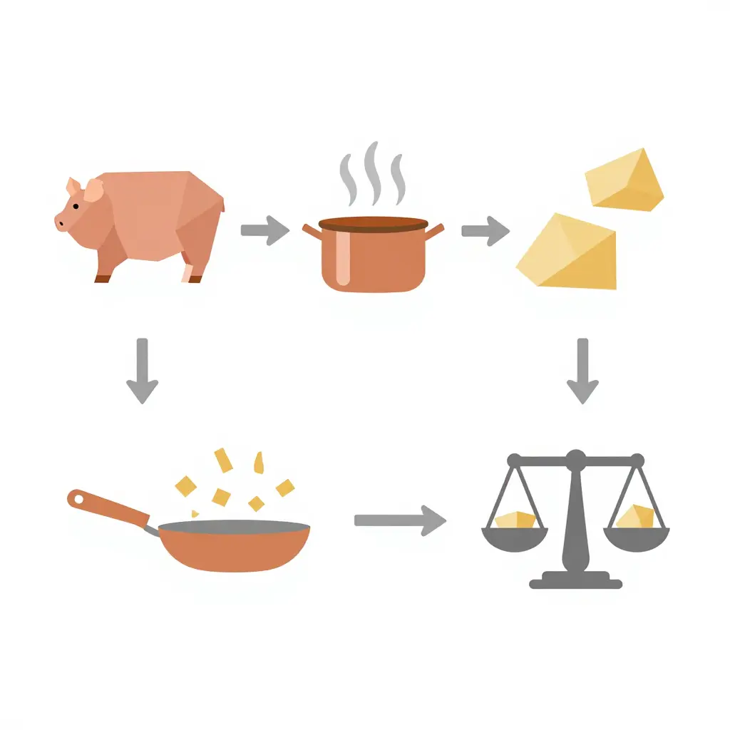 Flat vector diagram showing the carnitas cooking process in four left-to-right steps: pork cut selection, slow simmering in a copper pot, crisping, and portioning by weight, connected by simple arrows.
