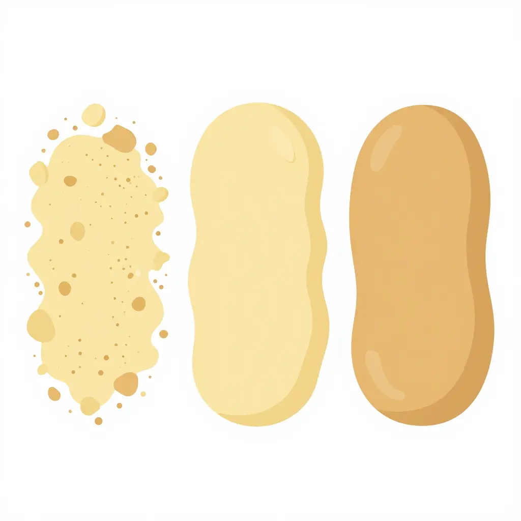 Three side-by-side abstract flat shapes illustrating masa texture stages: loose and moist crumbs on the left, a medium spreadable blob in the center, and a firm smooth dome on the right