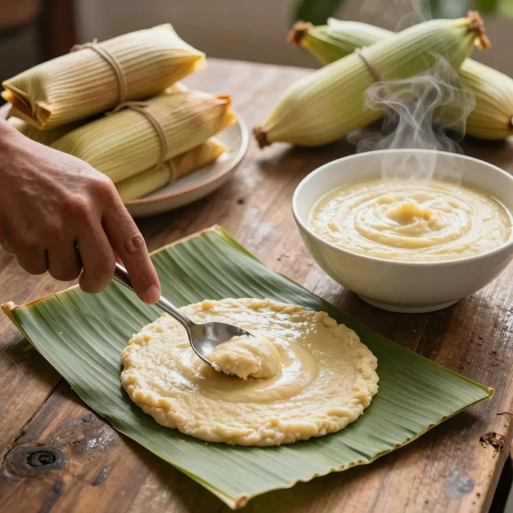 A cook spreads smooth masa onto a corn husk beside a bowl of whipped masa and stacked steamed tamales.