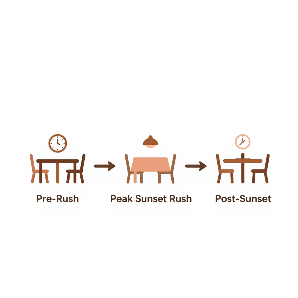 Flat two-dimensional dining timeline diagram for Pass-a-Grille showing three stages - Pre-Rush, Peak Sunset Rush, and Post-Sunset - along a horizontal flow with clock and table icons