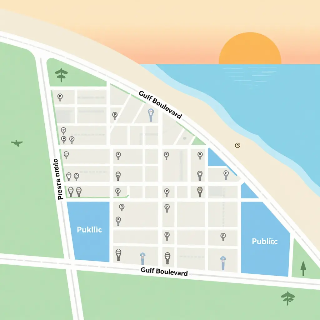 A simple infographic map showing parking near Gulf Boulevard, with metered street spaces, public lots, and free side-street parking near the beach.
